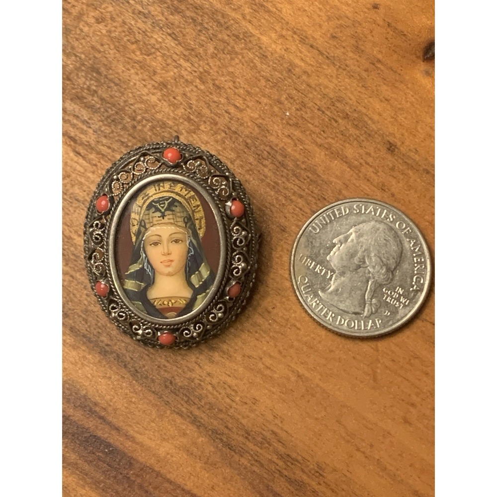 Antique 800 silver filigree Lady portrait coral pendant brooch Pin Hand painted - Picture 5 of 5